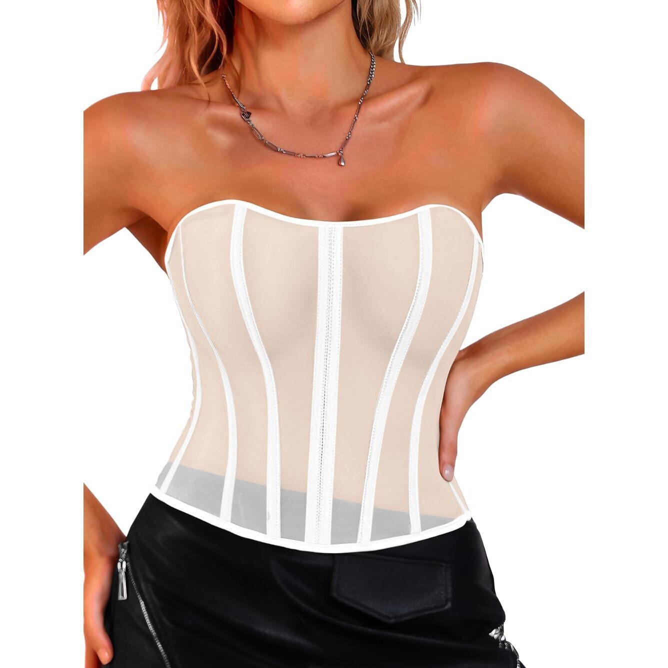2065 Mesh Corset Tops For Xs-5xl, Lace-Up Boned Shapewear, Over Clothes Or